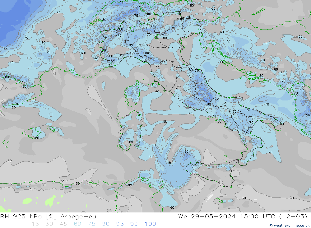 Humidité rel. 925 hPa Arpege-eu mer 29.05.2024 15 UTC