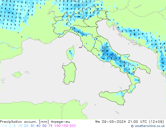 Precipitation accum. Arpege-eu mer 29.05.2024 21 UTC