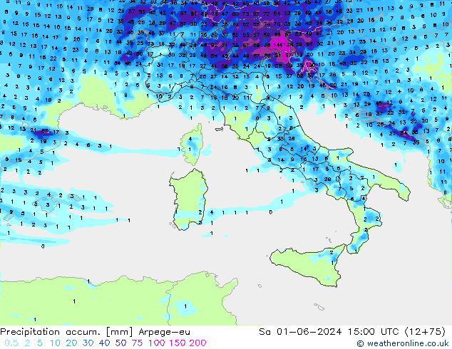 Precipitation accum. Arpege-eu So 01.06.2024 15 UTC