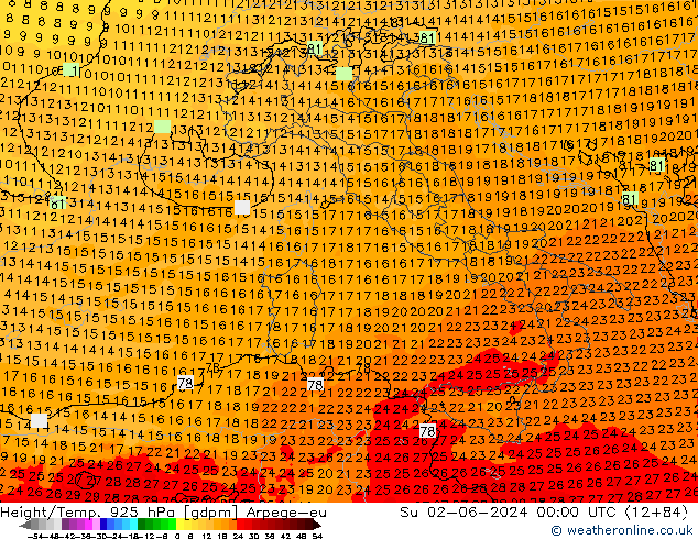 Height/Temp. 925 hPa Arpege-eu Su 02.06.2024 00 UTC