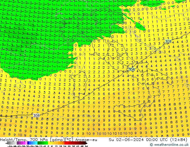 Height/Temp. 700 hPa Arpege-eu Dom 02.06.2024 00 UTC