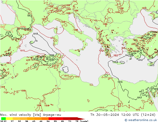 Max. wind velocity Arpege-eu gio 30.05.2024 12 UTC