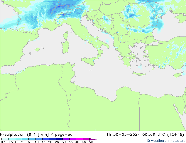 Precipitation (6h) Arpege-eu Čt 30.05.2024 06 UTC
