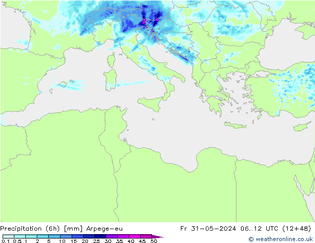 Precipitazione (6h) Arpege-eu ven 31.05.2024 12 UTC