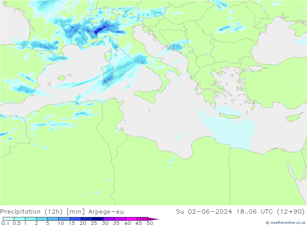 Precipitación (12h) Arpege-eu dom 02.06.2024 06 UTC