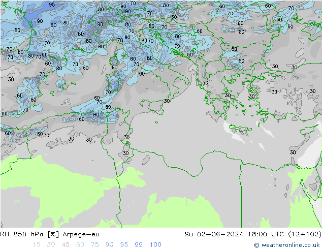 RH 850 hPa Arpege-eu Dom 02.06.2024 18 UTC