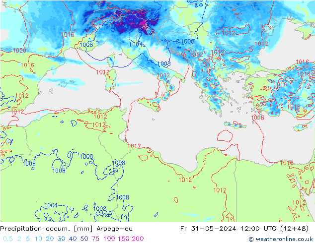 Totale neerslag Arpege-eu vr 31.05.2024 12 UTC