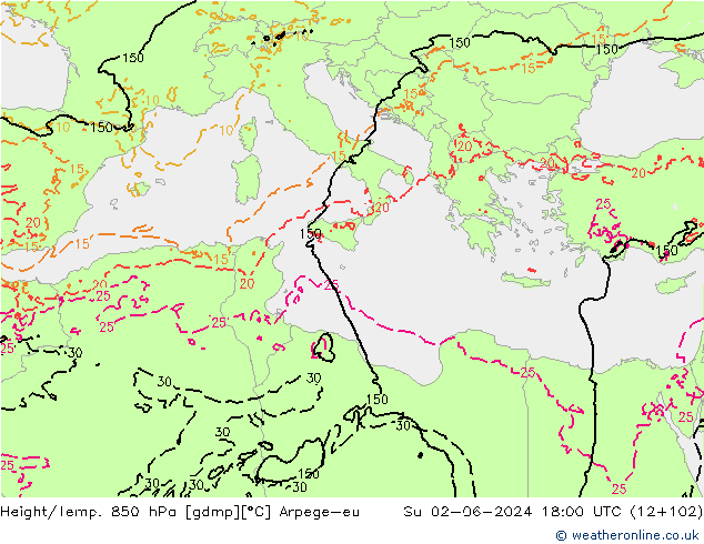 Height/Temp. 850 hPa Arpege-eu dom 02.06.2024 18 UTC