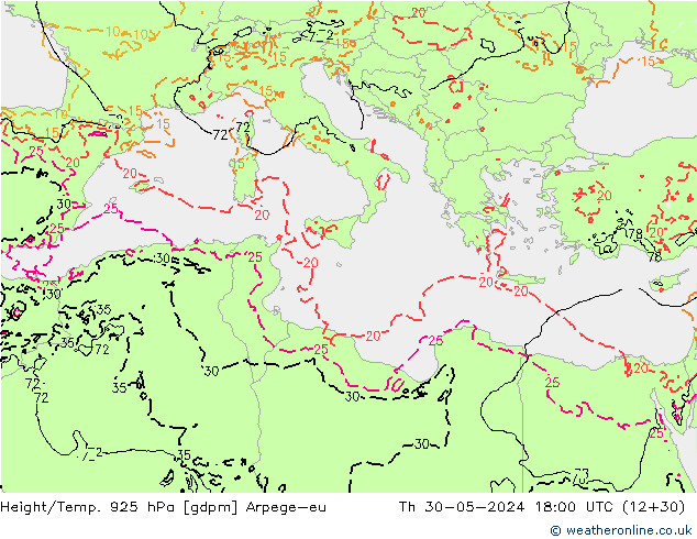 Geop./Temp. 925 hPa Arpege-eu jue 30.05.2024 18 UTC