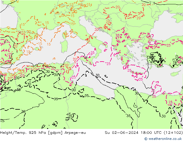 Height/Temp. 925 hPa Arpege-eu Dom 02.06.2024 18 UTC