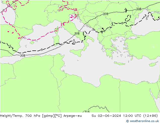 Height/Temp. 700 hPa Arpege-eu dom 02.06.2024 12 UTC