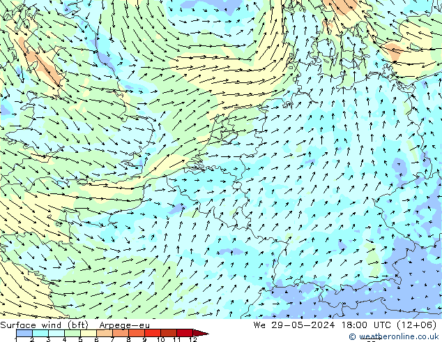 Surface wind (bft) Arpege-eu We 29.05.2024 18 UTC
