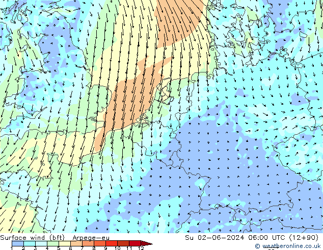ве�Bе�@ 10 m (bft) Arpege-eu Вс 02.06.2024 06 UTC
