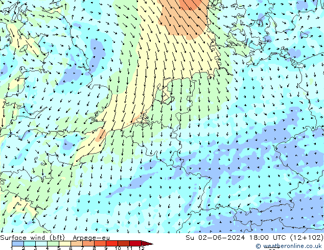 Wind 10 m (bft) Arpege-eu zo 02.06.2024 18 UTC