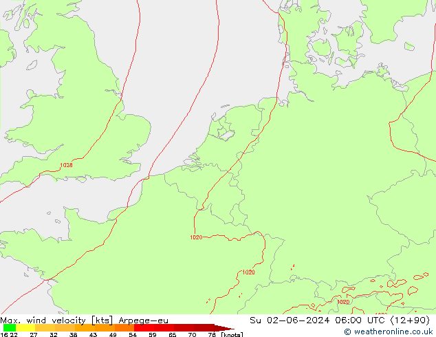 Max. wind velocity Arpege-eu Ne 02.06.2024 06 UTC