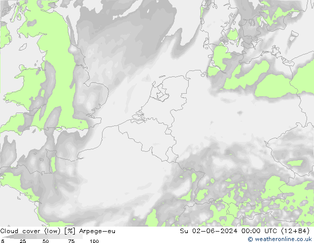 Cloud cover (low) Arpege-eu Su 02.06.2024 00 UTC