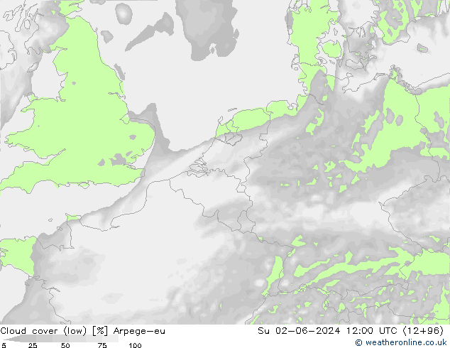 Cloud cover (low) Arpege-eu Su 02.06.2024 12 UTC