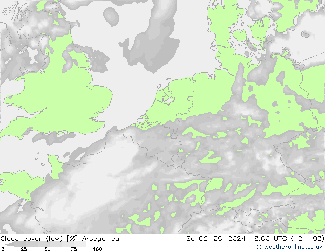 Cloud cover (low) Arpege-eu Su 02.06.2024 18 UTC