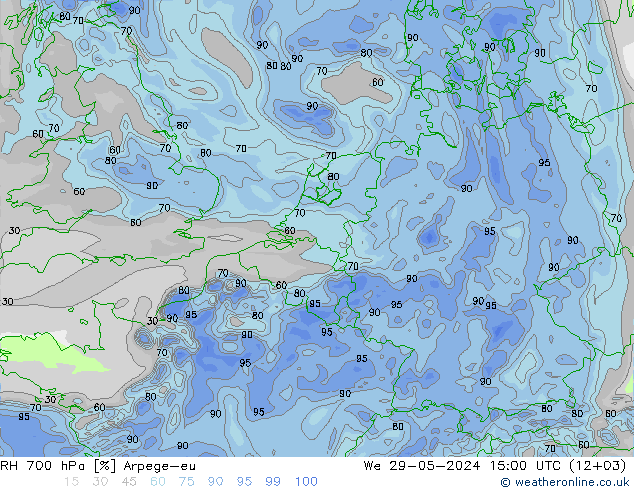 RH 700 hPa Arpege-eu Mi 29.05.2024 15 UTC