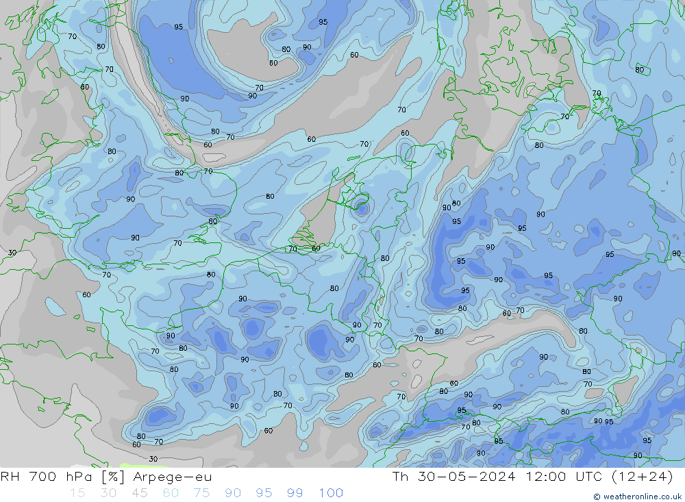 RH 700 hPa Arpege-eu gio 30.05.2024 12 UTC