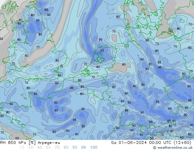 RH 850 hPa Arpege-eu Sa 01.06.2024 00 UTC