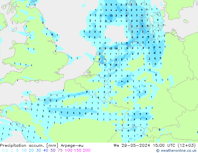 Precipitation accum. Arpege-eu śro. 29.05.2024 15 UTC