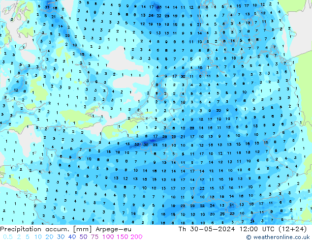 Precipitation accum. Arpege-eu 星期四 30.05.2024 12 UTC