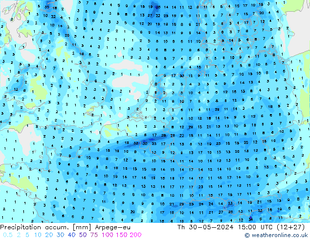 Totale neerslag Arpege-eu do 30.05.2024 15 UTC