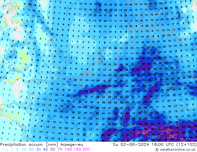 Precipitation accum. Arpege-eu Su 02.06.2024 18 UTC