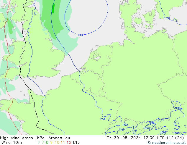 High wind areas Arpege-eu 星期四 30.05.2024 12 UTC