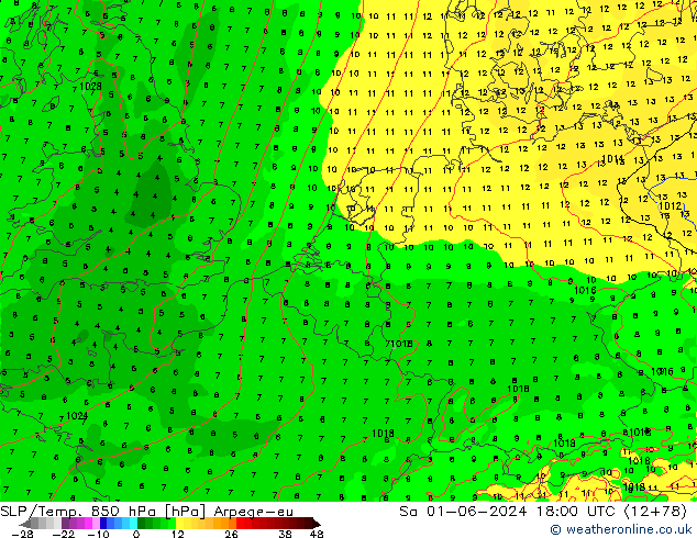 SLP/Temp. 850 hPa Arpege-eu Sa 01.06.2024 18 UTC