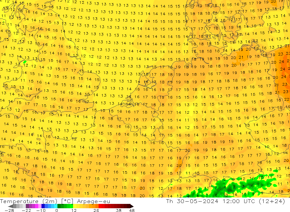 Temperature (2m) Arpege-eu Th 30.05.2024 12 UTC