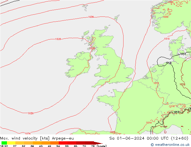 Max. wind velocity Arpege-eu Sa 01.06.2024 00 UTC