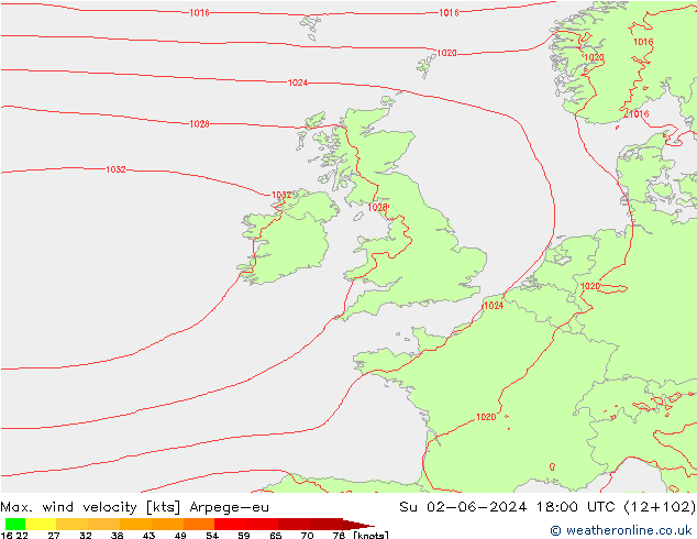 Max. wind velocity Arpege-eu Su 02.06.2024 18 UTC