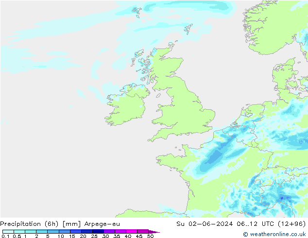 Precipitação (6h) Arpege-eu Dom 02.06.2024 12 UTC