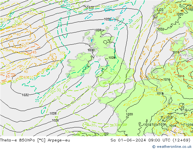 Theta-e 850гПа Arpege-eu сб 01.06.2024 09 UTC