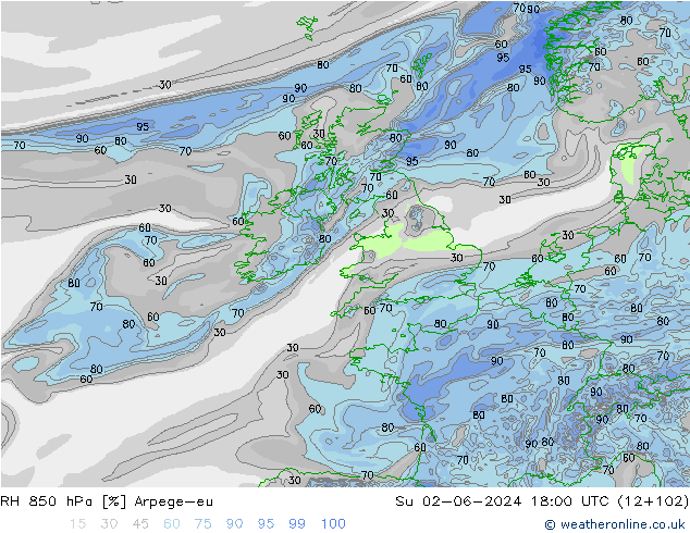 RH 850 hPa Arpege-eu Su 02.06.2024 18 UTC