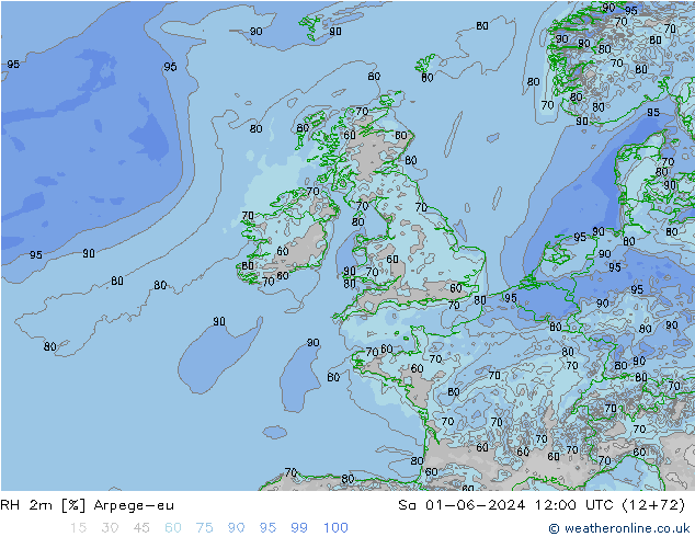 RH 2m Arpege-eu Sa 01.06.2024 12 UTC