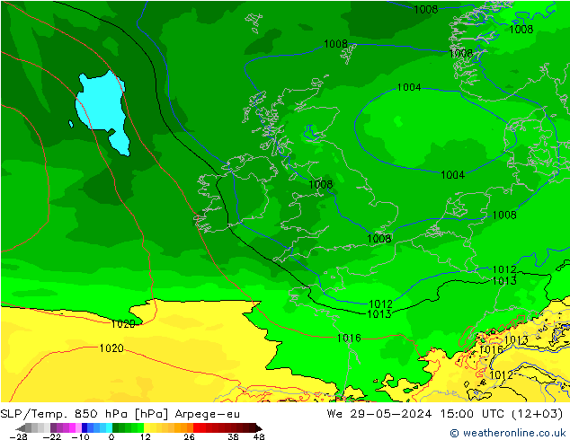 SLP/Temp. 850 hPa Arpege-eu St 29.05.2024 15 UTC