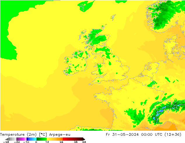 Temperatura (2m) Arpege-eu ven 31.05.2024 00 UTC