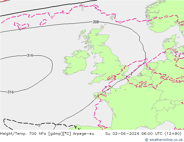 Height/Temp. 700 hPa Arpege-eu Dom 02.06.2024 06 UTC