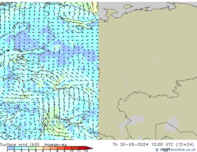 Surface wind (bft) Arpege-eu Čt 30.05.2024 12 UTC