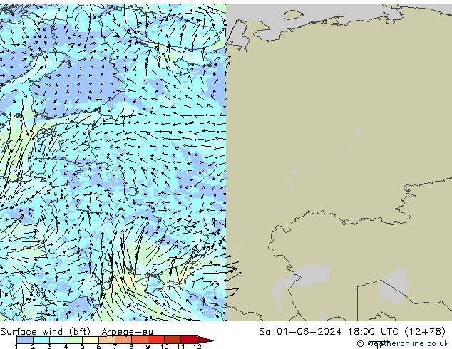 Rüzgar 10 m (bft) Arpege-eu Cts 01.06.2024 18 UTC