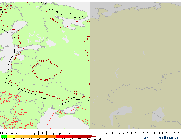 Max. wind velocity Arpege-eu Su 02.06.2024 18 UTC