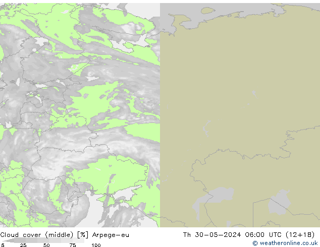 Cloud cover (middle) Arpege-eu Th 30.05.2024 06 UTC