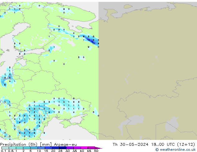 Precipitação (6h) Arpege-eu Qui 30.05.2024 00 UTC