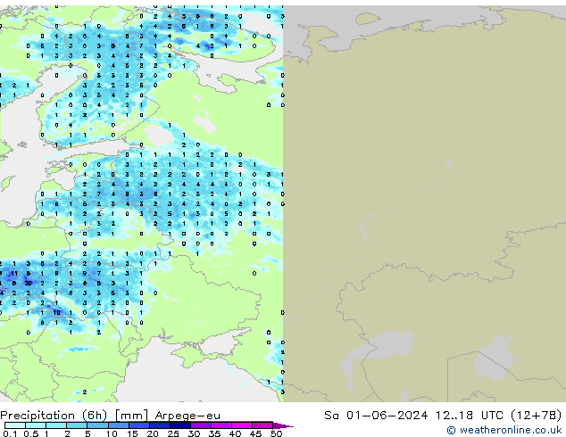 Totale neerslag (6h) Arpege-eu za 01.06.2024 18 UTC