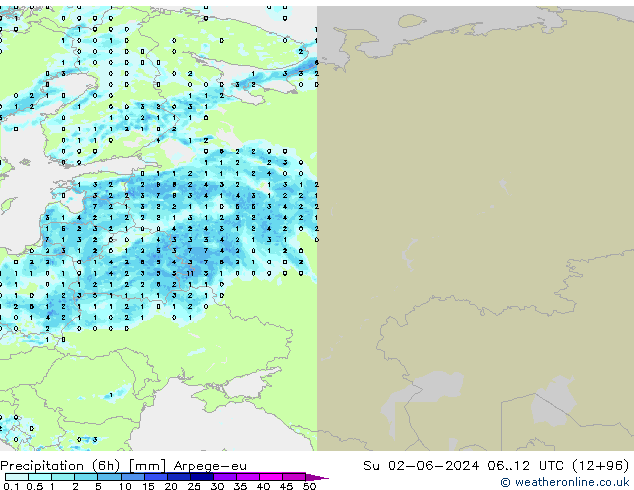 Yağış (6h) Arpege-eu Paz 02.06.2024 12 UTC