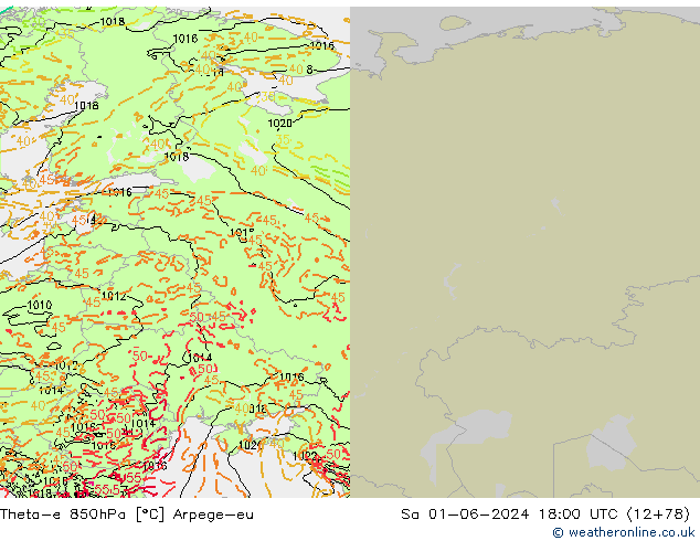 Theta-e 850hPa Arpege-eu so. 01.06.2024 18 UTC