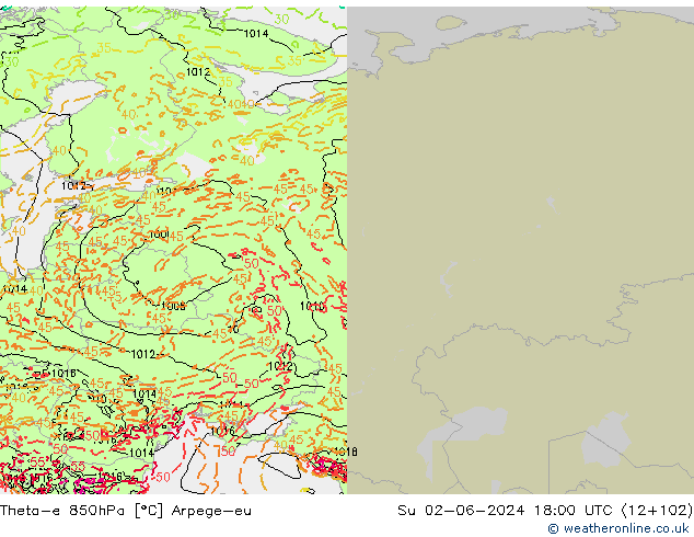 Theta-e 850hPa Arpege-eu nie. 02.06.2024 18 UTC